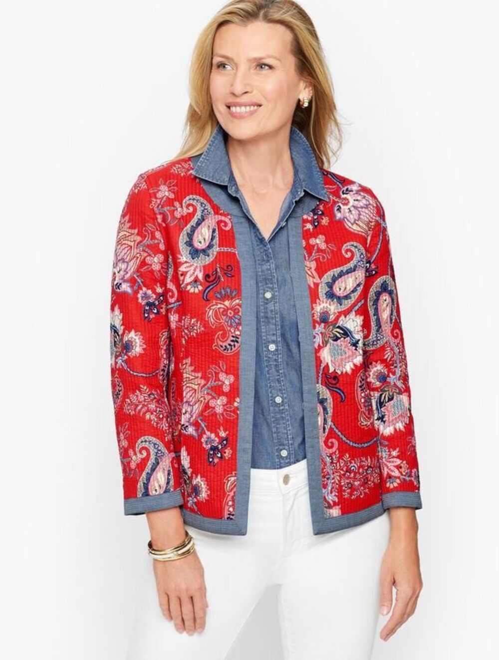 Talbots Jacket Womens Red Floral Paisley Quilted Lightweight Collarless Size SP
